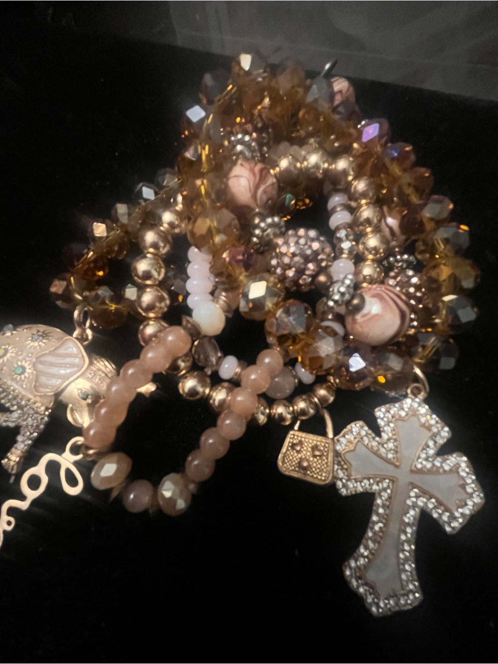 Gold Tone and Champagne Beaded Cross Charm Bracelet Set